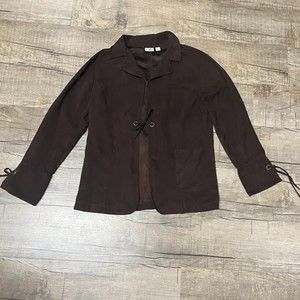 Cato Casual Long Sleeve Faux Suede Top Women L Brown Tie Up Jacket Cufflink